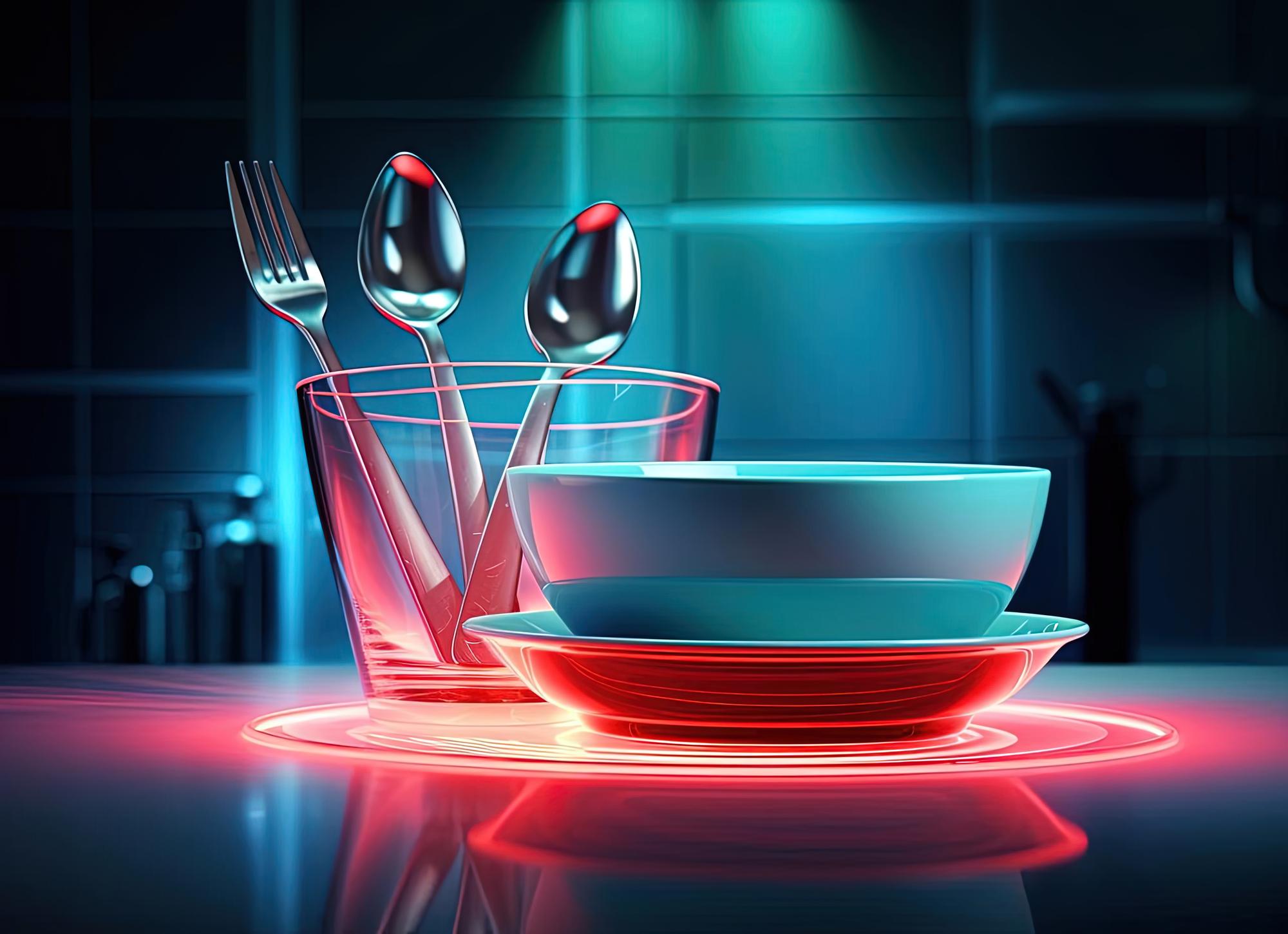 Modern kitchen counter with plated fast meal and utensils