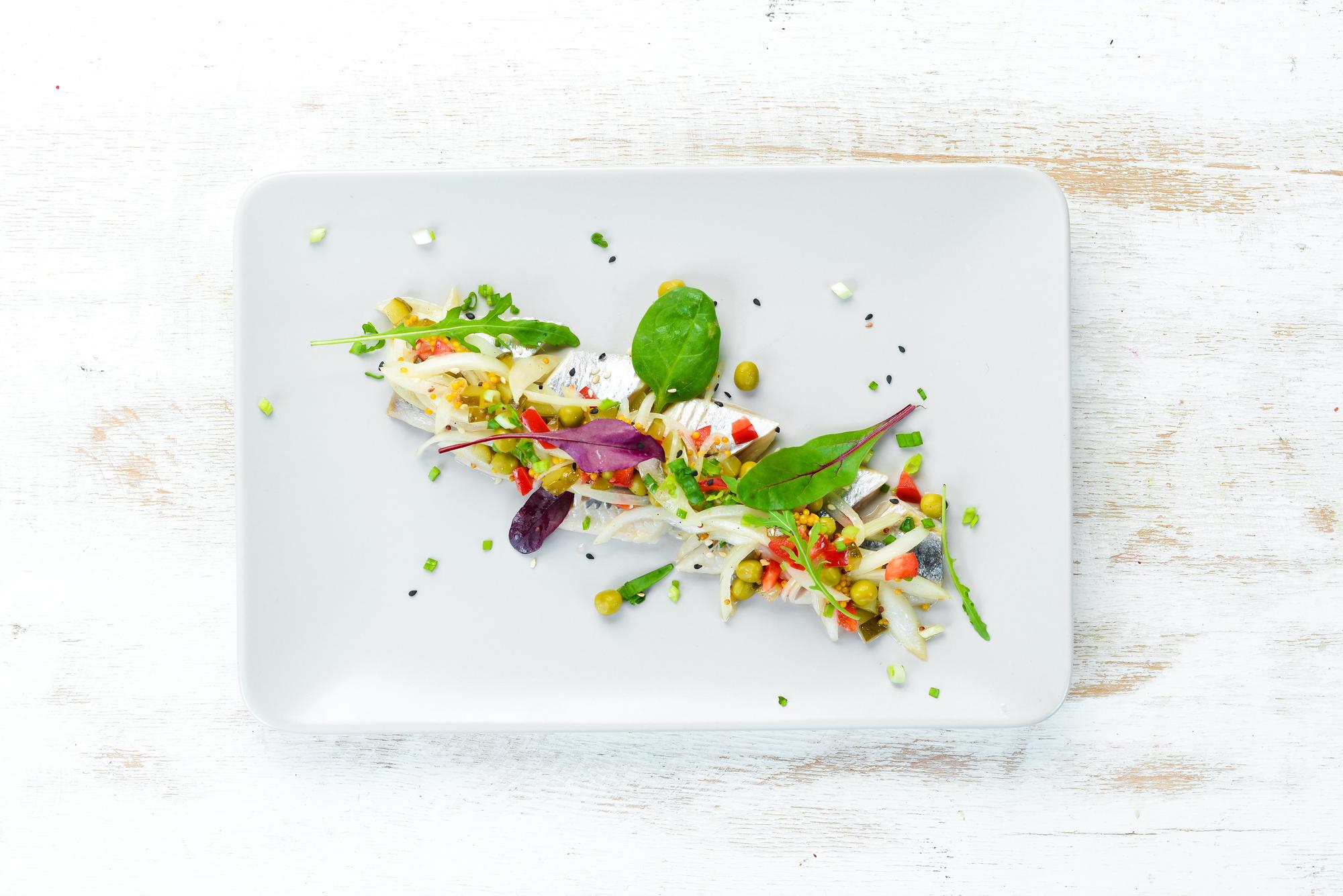 Overhead of plated quick salad with garnish